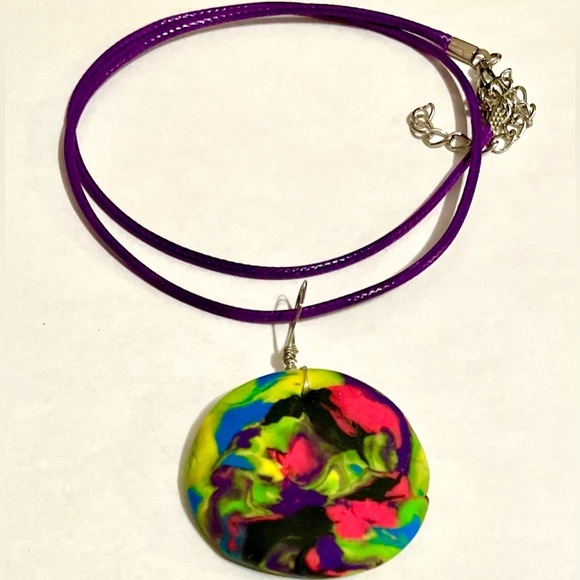 Handcrafted Handmade Clay Necklace Bright Colours Purple Cord Unique - Picture 1 of 7